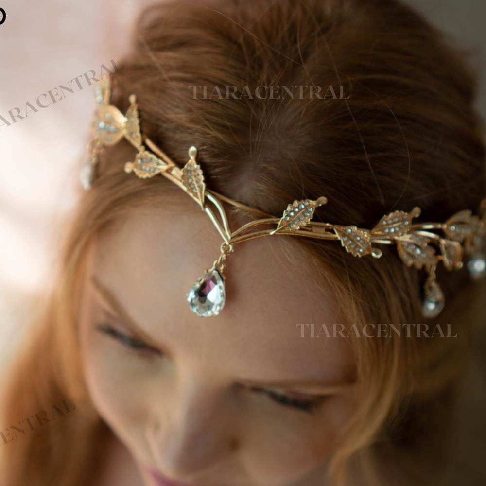 Fairy Gold Leaf Tiara with Crystal Accents